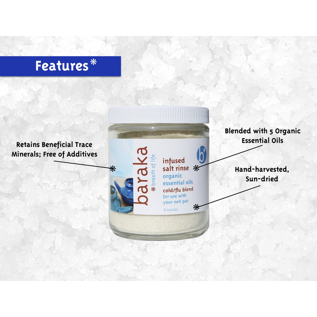 baraka | infused salt rinse | neti salt | certified by actoa | cold/flu blend