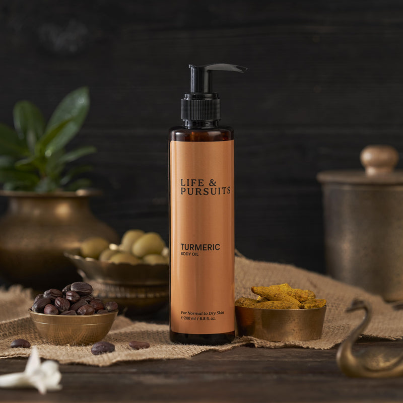 life & pursuits | turmeric body oil | massage oil for skin & face | made with with organic coconut oil, argan oil