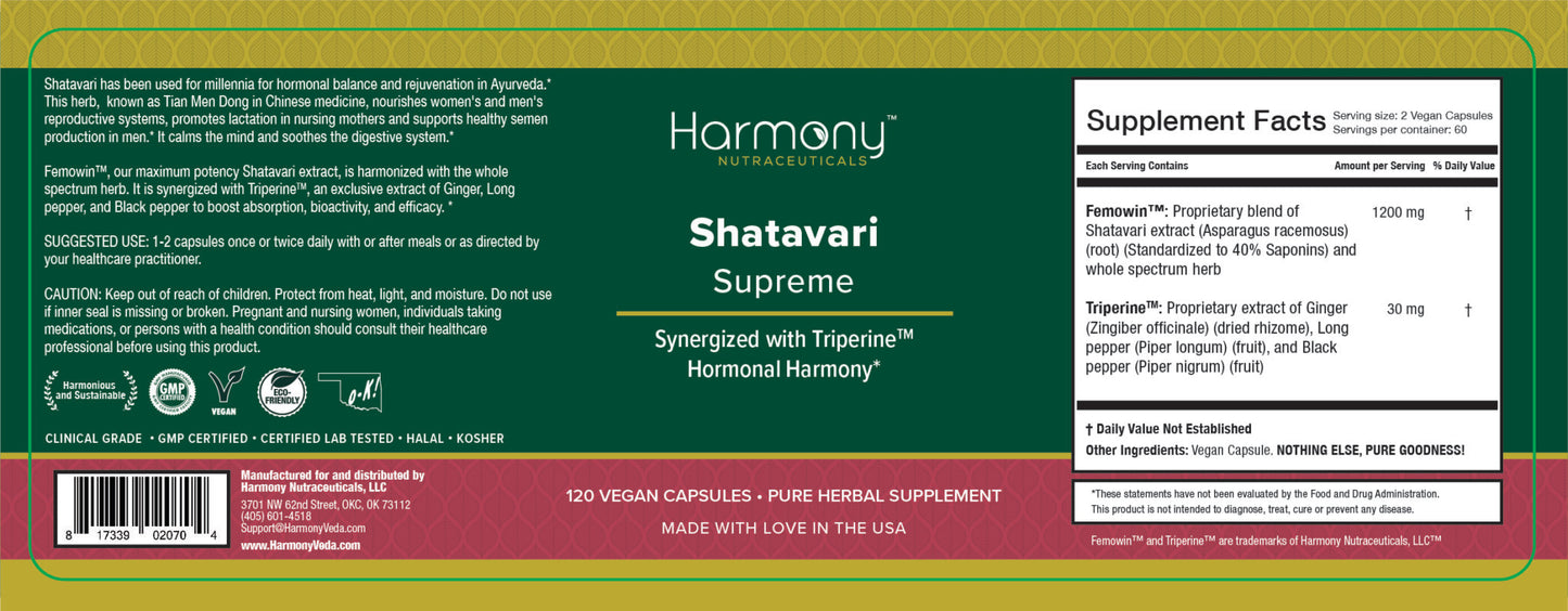 harmony veda | shatavari supreme | 120 capsules | for hormonal balance and rejuvenation