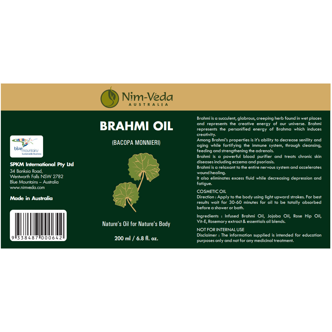 Nim-Véda | Brahmi Oil | 200ml | Brahmi | Powerful blood purifier