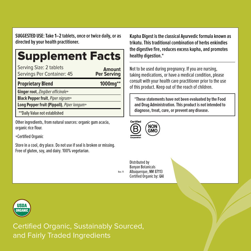 Kapha Digest (Trikatu) Tablets | Certified Organic | Digestion for Kapha